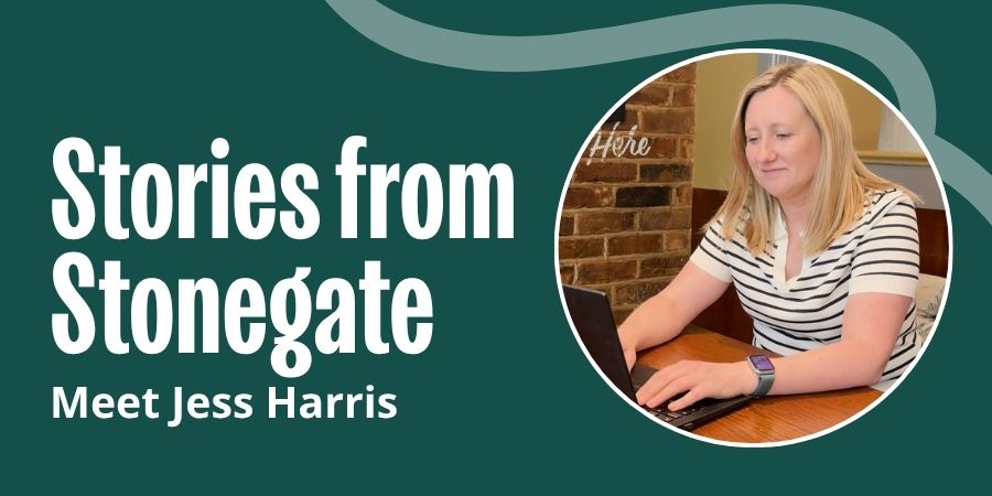 Image with woman sitting with computer, which text reading 'Stories from Stonegate, Meet Jess Harris'