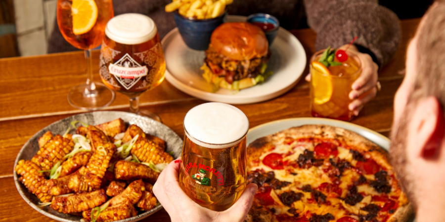 Mix of food and drink on table