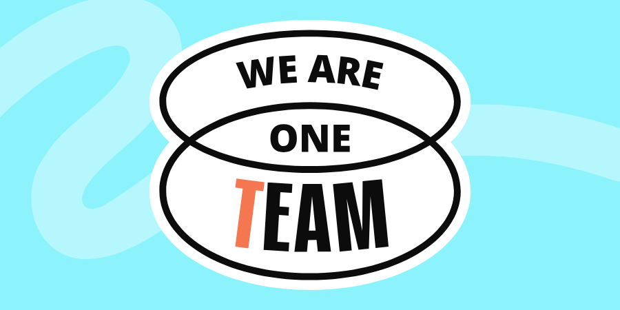 Light blue background with 'We Are One Team' logo at the centre.