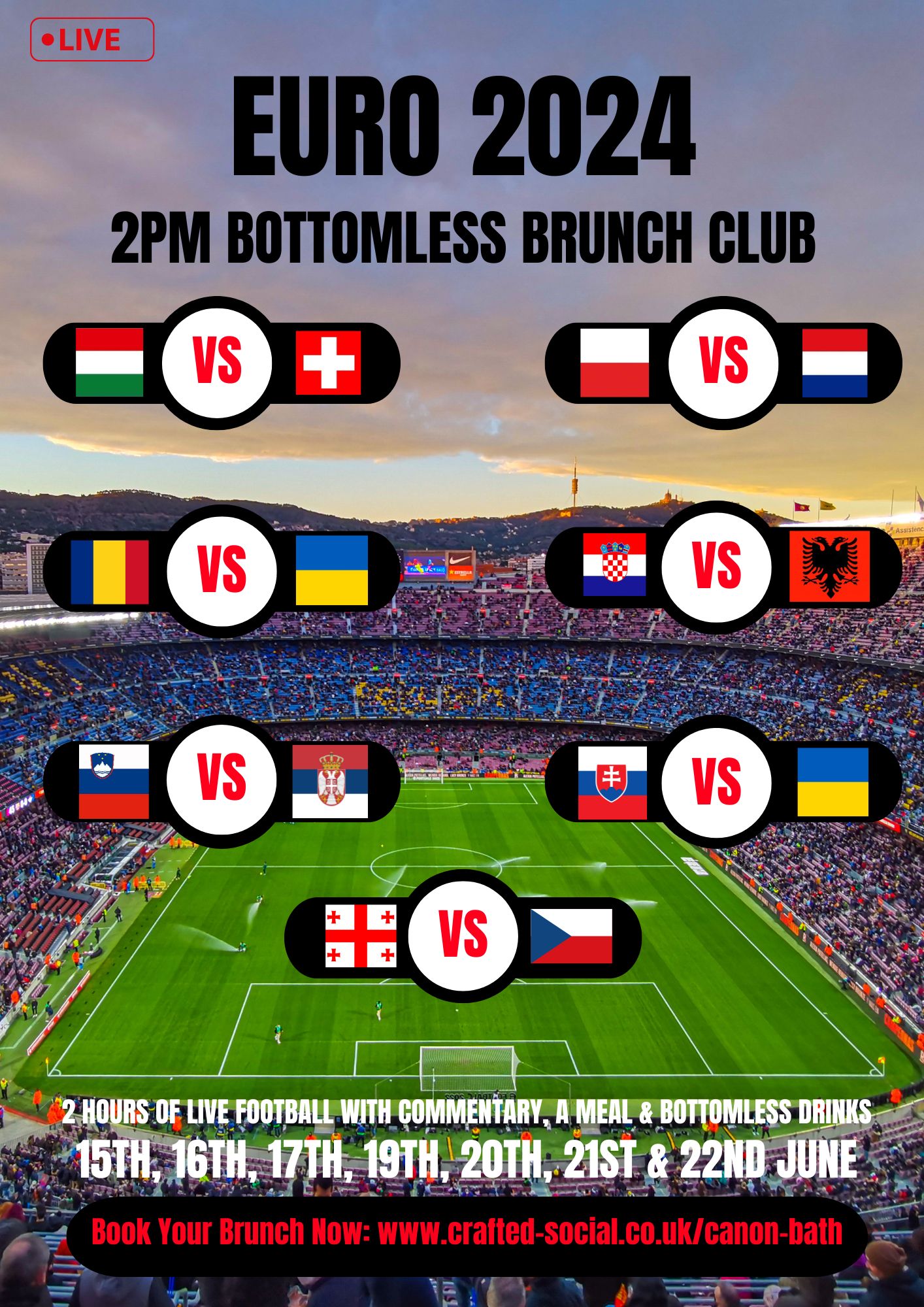 Euro 2024 2pm Bottomless Brunch Club Croatia vs Albania, Wednesday 19th