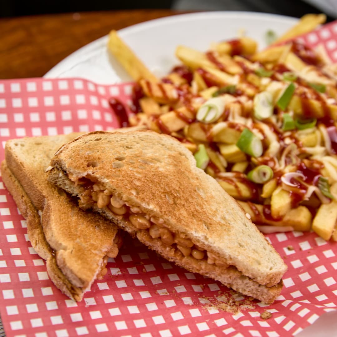Cheese & bean toastie with angry fries Cheese & bean toastie with angry fries