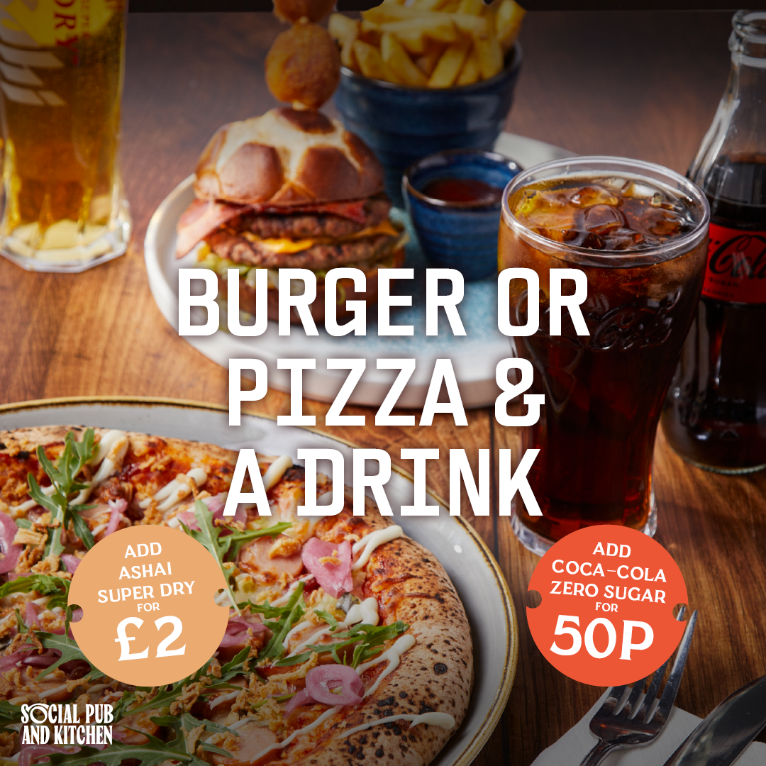 Burger and Pizza and drinks