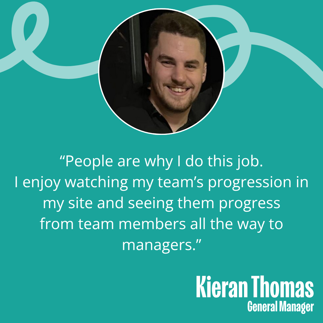 Image of Kieran Thomas, General Manager on a yellow and blue background