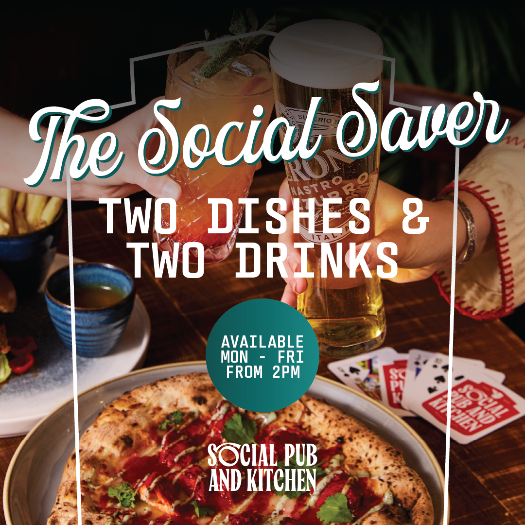 Pizza, burger and 2 drinks on table