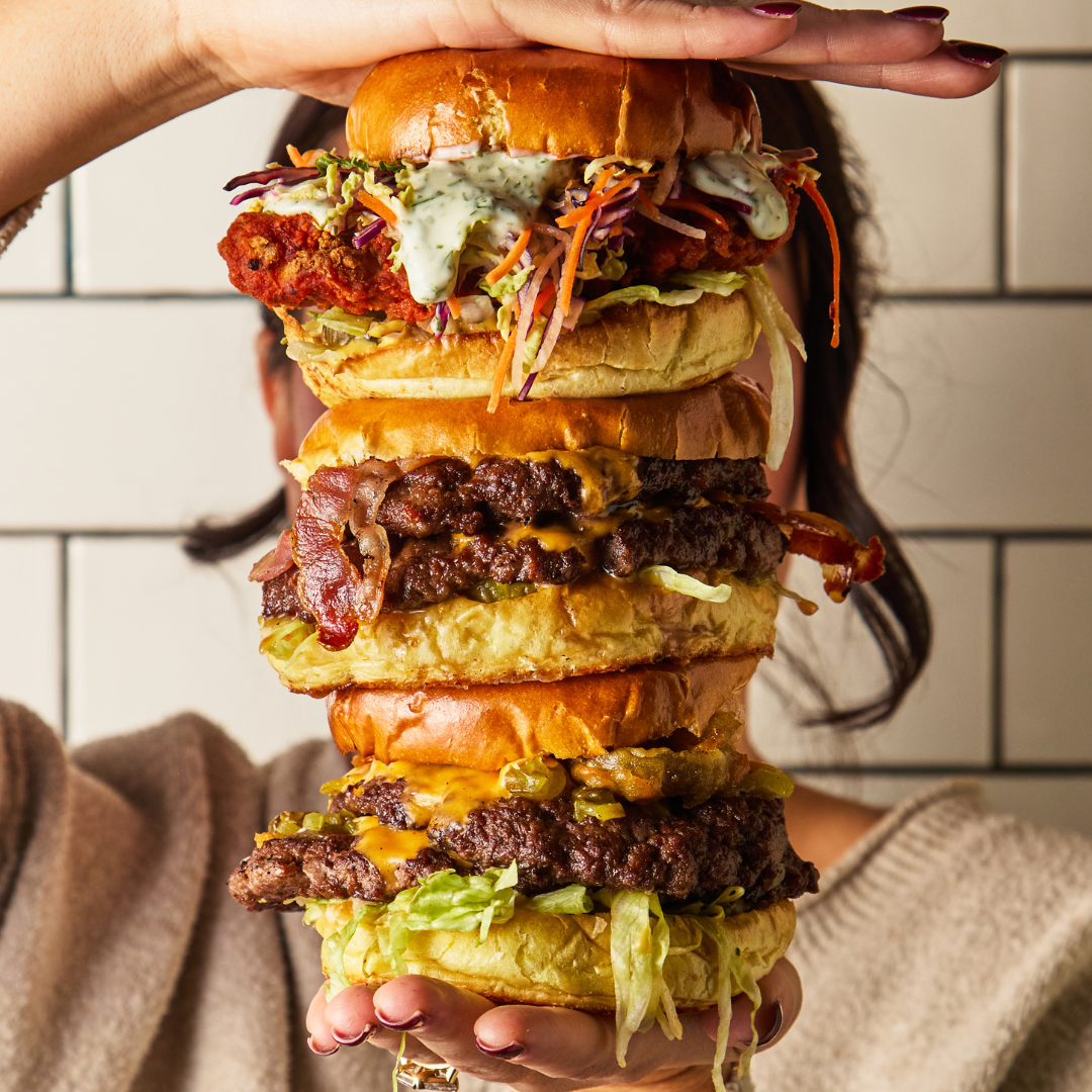 3 burgers stacked