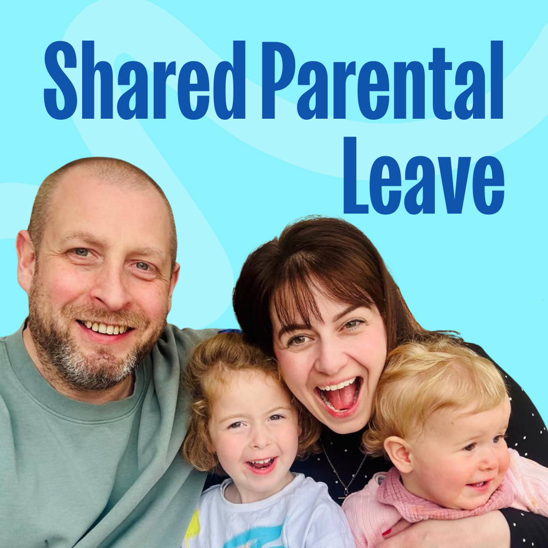 Image of Alex and his family on a blue background with the words 'Shared Parental Leave'