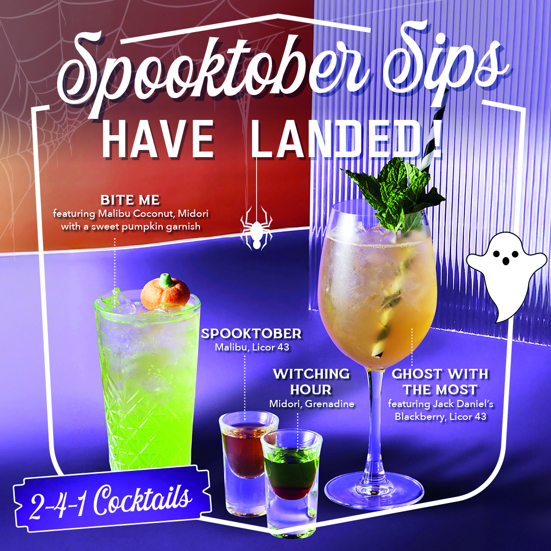 Two Halloween cocktails and beer