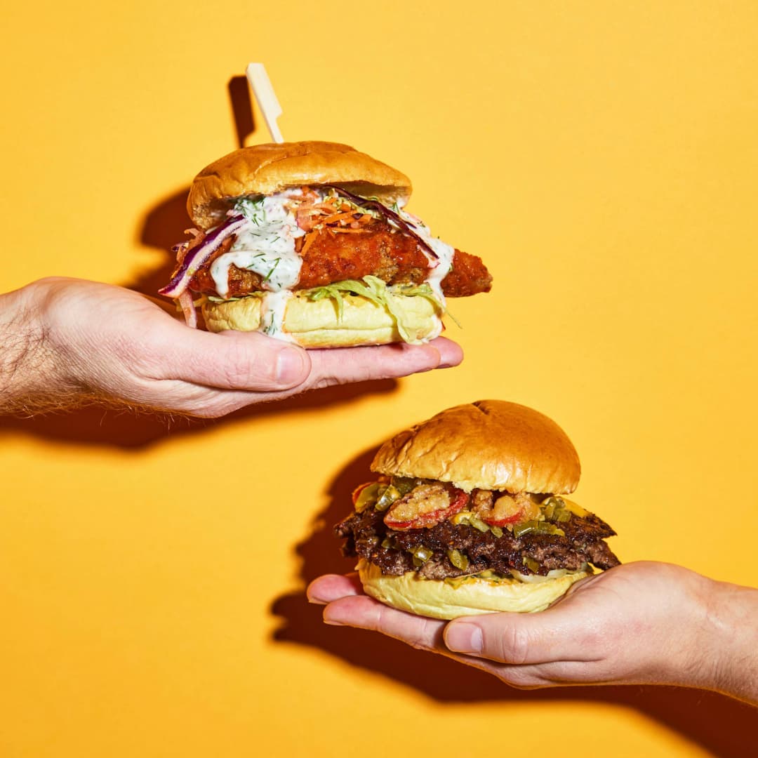 Smash Beef Burger and Crispy Chicken Burger at Social Pub & Kitchen