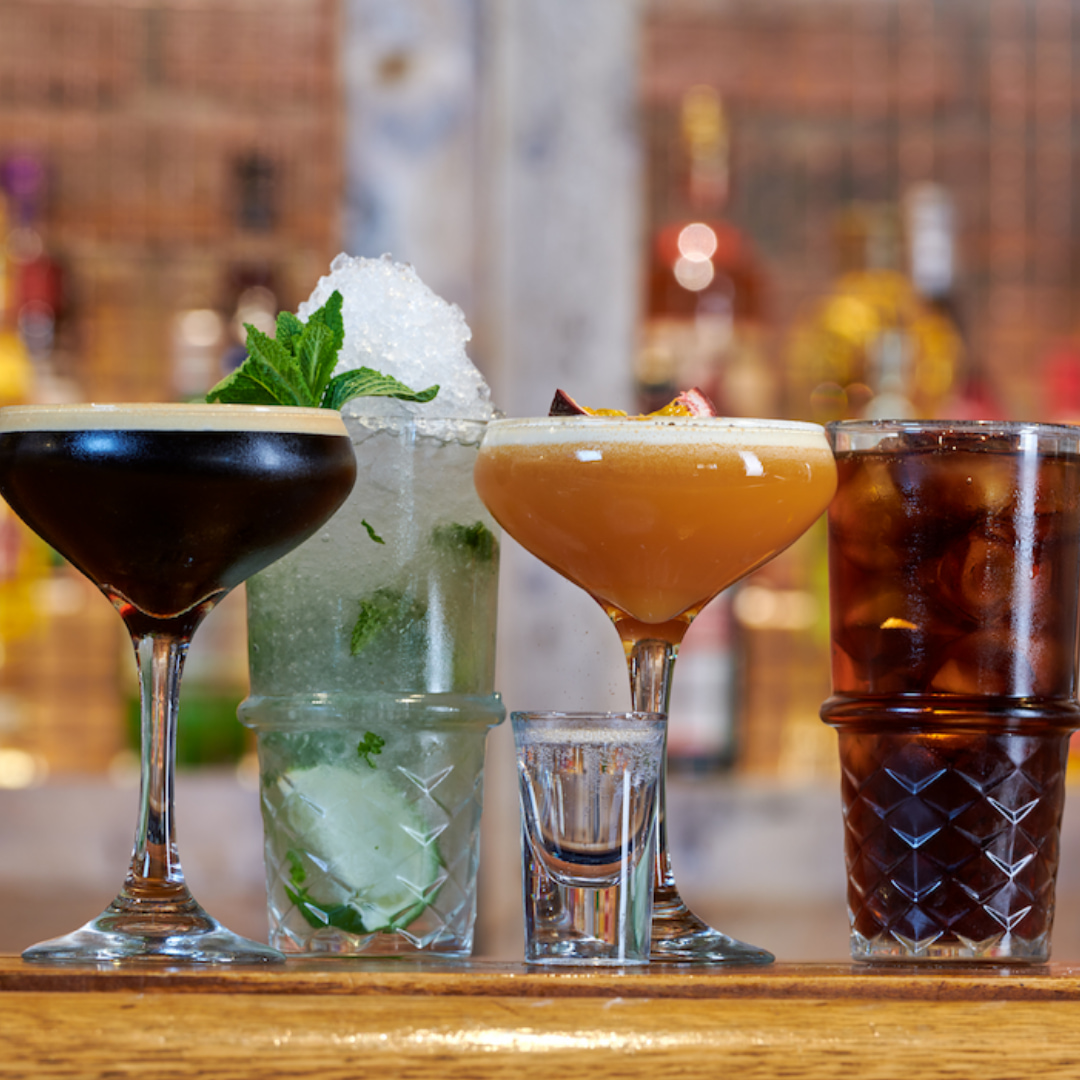 Espresso martini, mojito, pornstar martini and cola