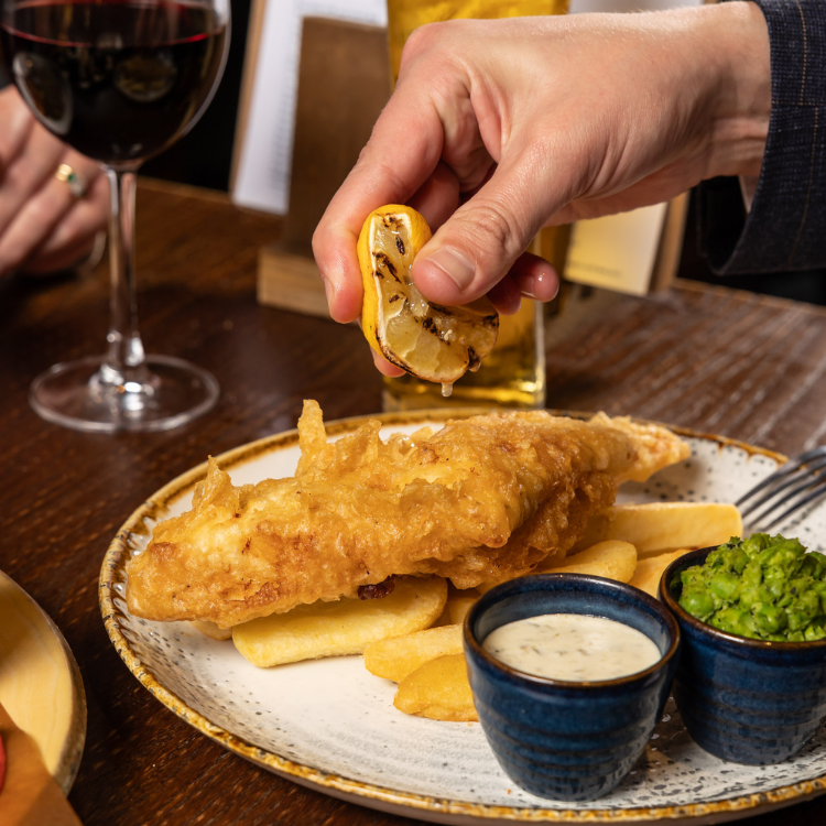 Fish and Chips in Tattershall Castle Whitehall Beer Garden