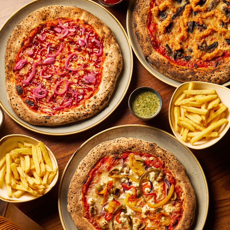 3 pizzas, fries & dips