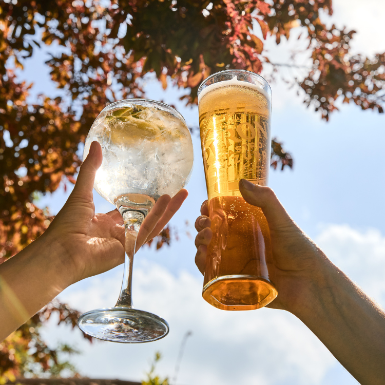 Pint and gin and tonic in beer garden