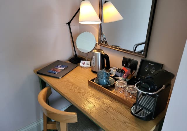 Desk in bedroom at Black Hat hotel, Ilkley
