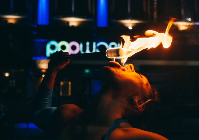 Firebreather outside Popworld