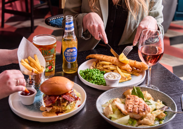 CAESAR SALAD BOWL WITH GRILLED CHICKEN, FISH & CHIPS AND ITALIAN-STYLE CHICKEN BURGER