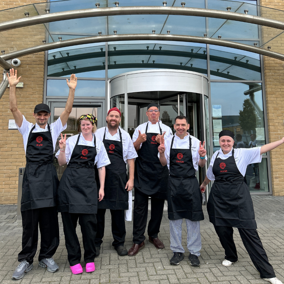 Masterchef finalists posing outside Bidfood HQ