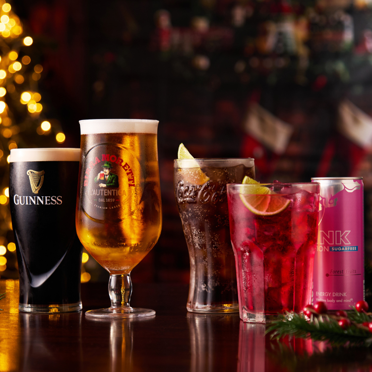 Guinness, Birra Moretti, Coca-Cola and a Red Bull