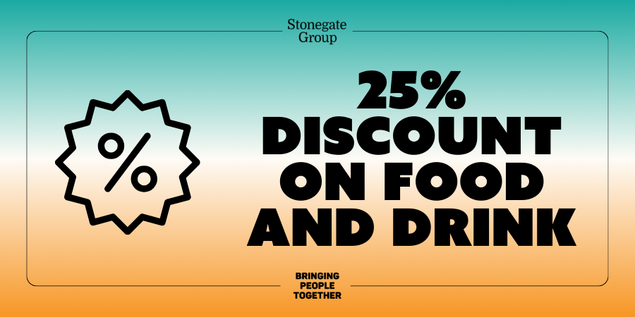 25% discount on food and drink