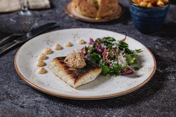 Grilled stone bass fillet, pickled & roasted red onion, fresh leaves, cheese and crab meat with miso & pickled ginger mayo
