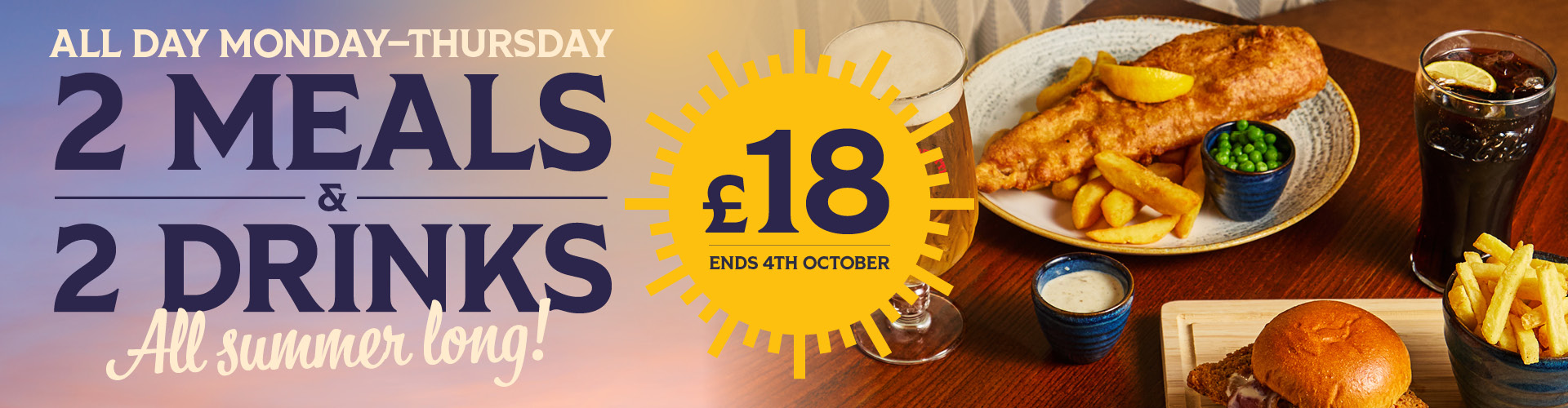 2 Meals & 2 Drinks for £18
