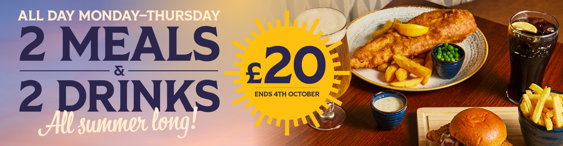 2 Meals & 2 Drinks for £20