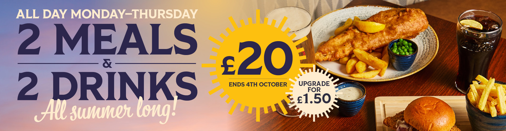 2 Meals & 2 Drinks for £20